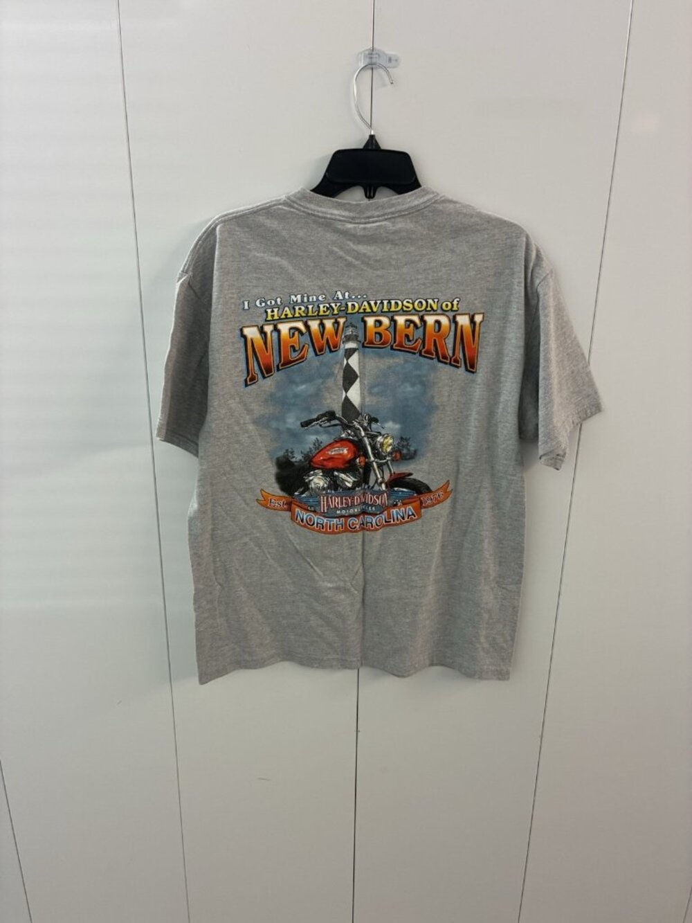 Mens Harley-Davidson Graphic T-Shirt Gray New Bern NC L Made in USA Lighthouse
